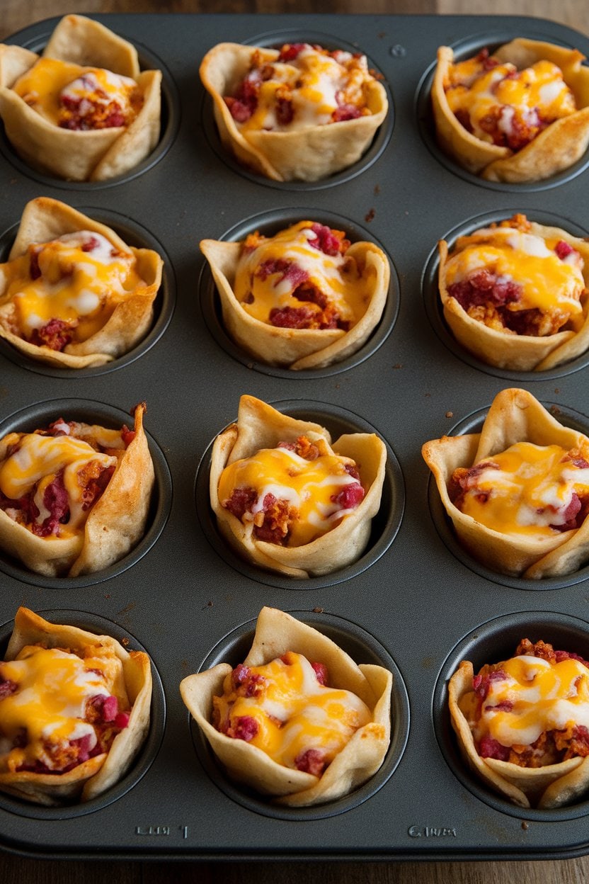 An indoor muffin tin filled with baked wonton cups holding colorful taco filling and cheese, no text or logos.