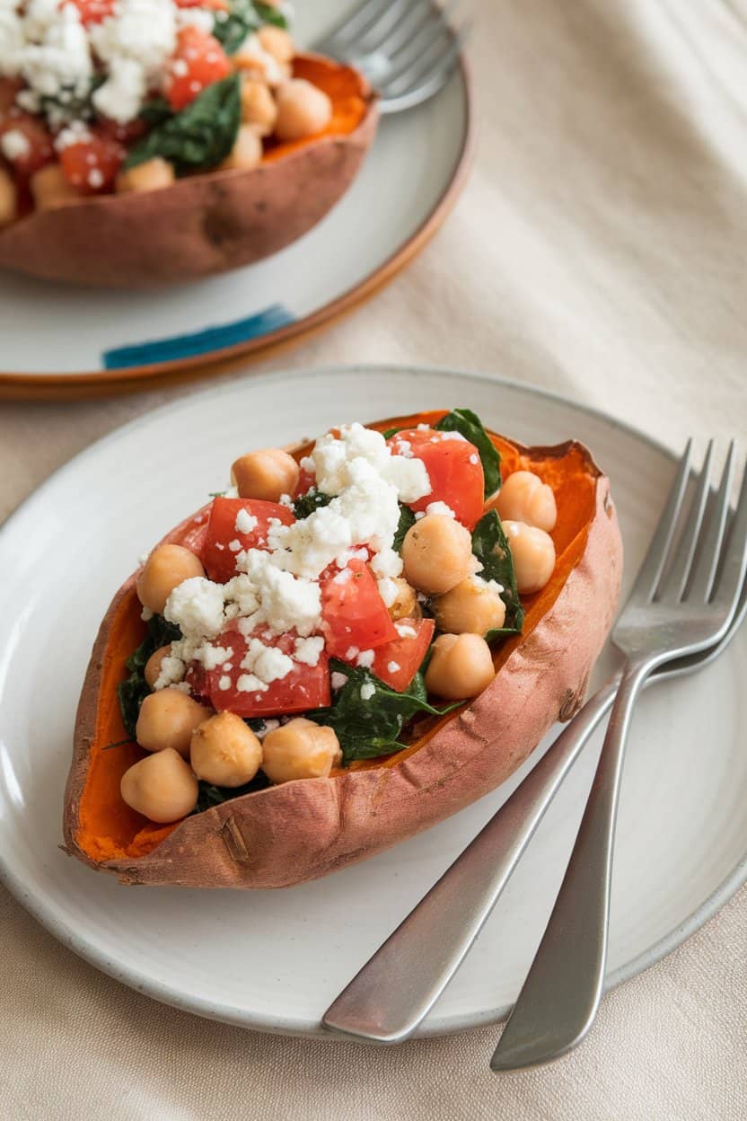 Indoor plate featuring baked sweet potato halves loaded with chickpeas, diced tomatoes, spinach, and crumbled feta, no text or logos.