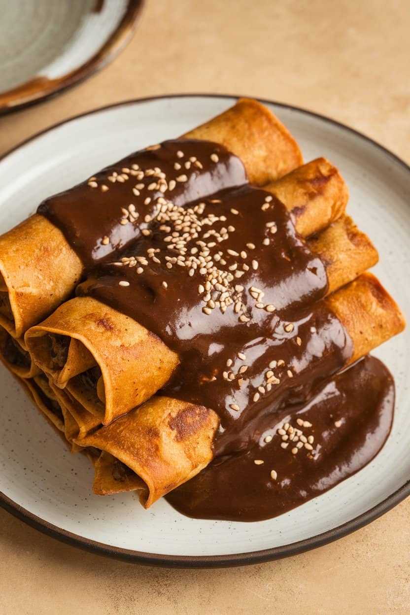 Indoor photo of enchiladas smothered in dark chili-chocolate mole sauce, sprinkled with sesame seeds, no text or logos