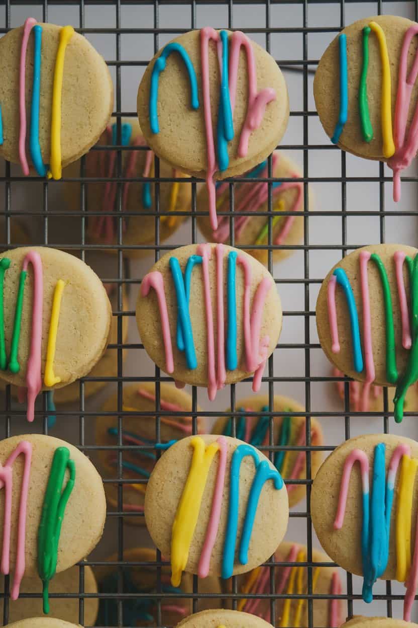 Photo of round cookies with colorful icing drips frozen mid-splash, captured on an indoor rack under bright light. No text or logos visible.