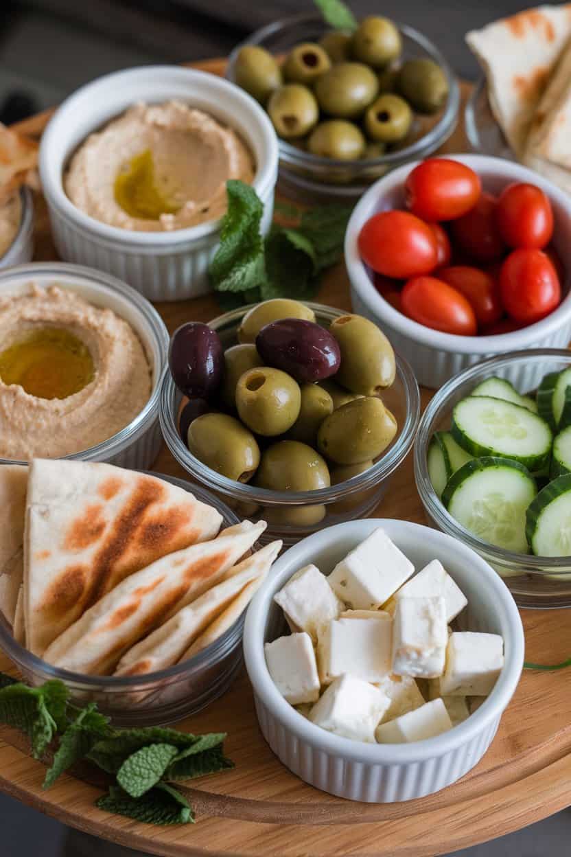 An indoor spread of compartmentalized containers holding hummus, olives, cherry tomatoes, sliced cucumbers, pita triangles, and feta cubes. Photo, no logos or text.