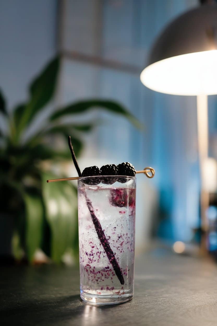 Photo of an indoor evening bar, clear highball glass with purple-flecked tonic, vanilla bean specks visible, blackberry skewer garnish; no text or logos