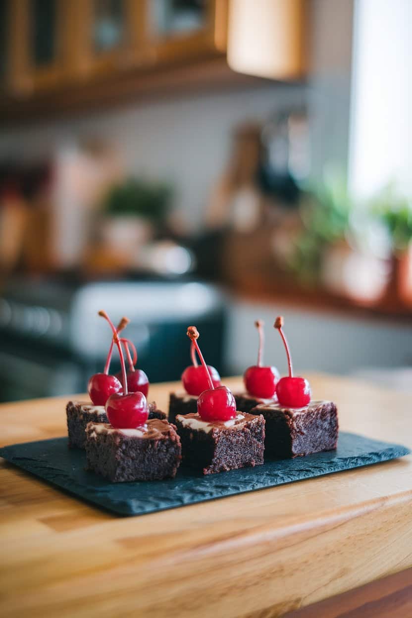 An indoor countertop holding a slate board of fudgy brownie bites each topped with a glossy maraschino cherry, no text or logos.