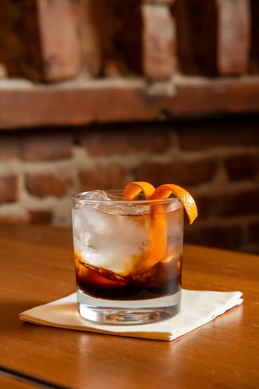 Indoor café tabletop photo of a rocks glass carrying layered cold brew coffee over tonic water with large clear ice; orange twist resting on rim, no text or logos.