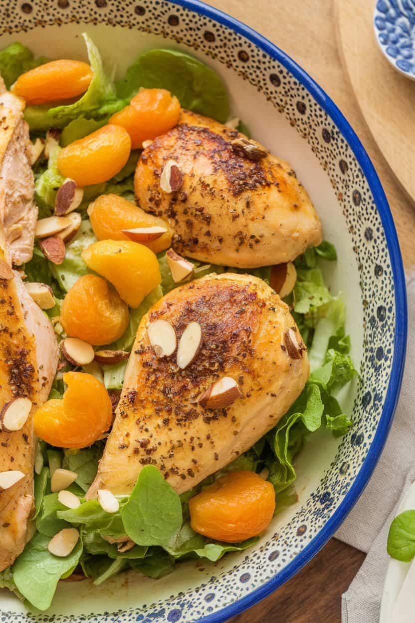 Indoor photo of golden chicken salad seasoned with ras el hanout, dotted with apricot pieces and almonds, served in a patterned ceramic dish—no text or logos