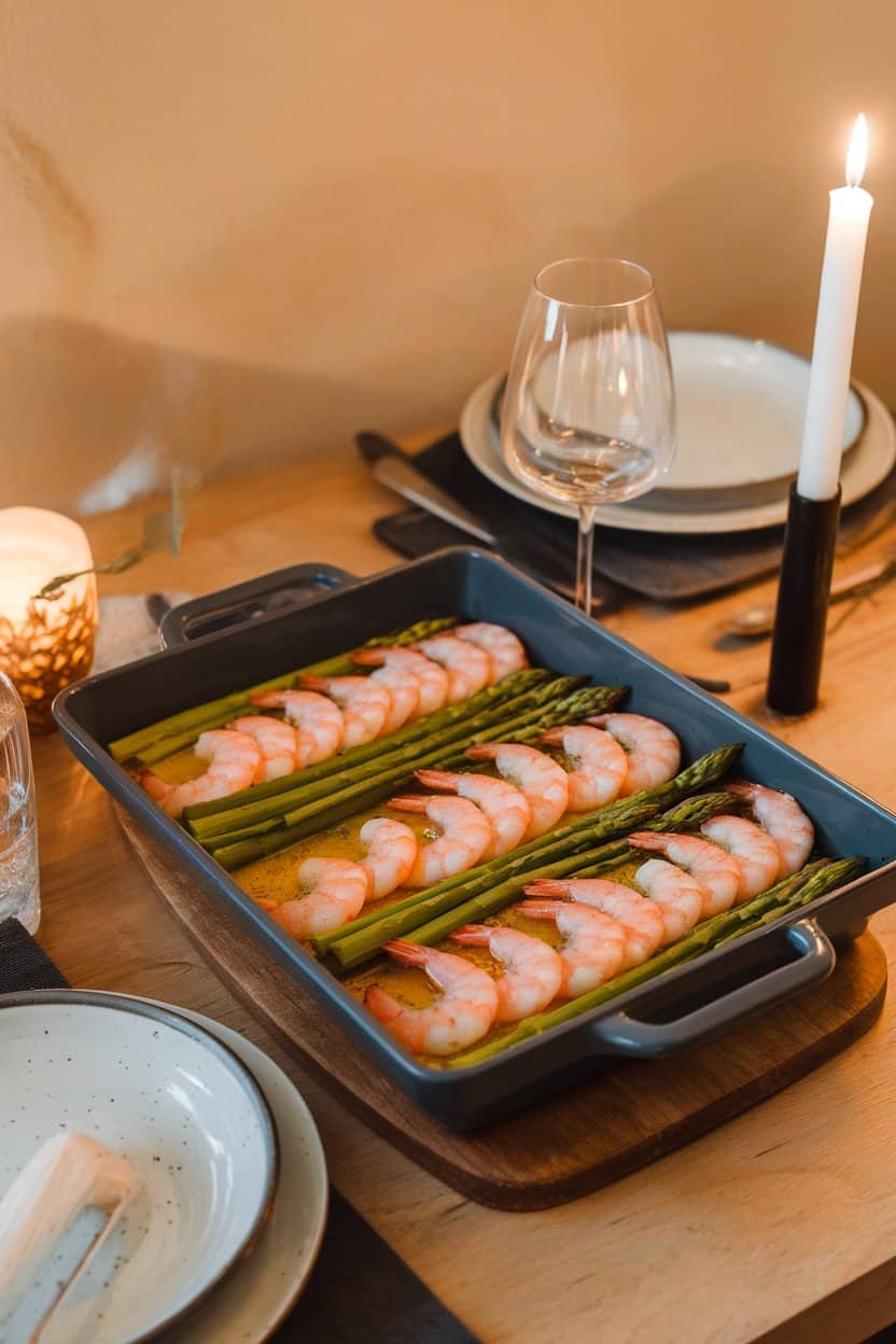 Photo of a baking dish on an indoor dinner table with rows of shrimp and asparagus spears nestled in melted garlic butter. No text or logos in scene.