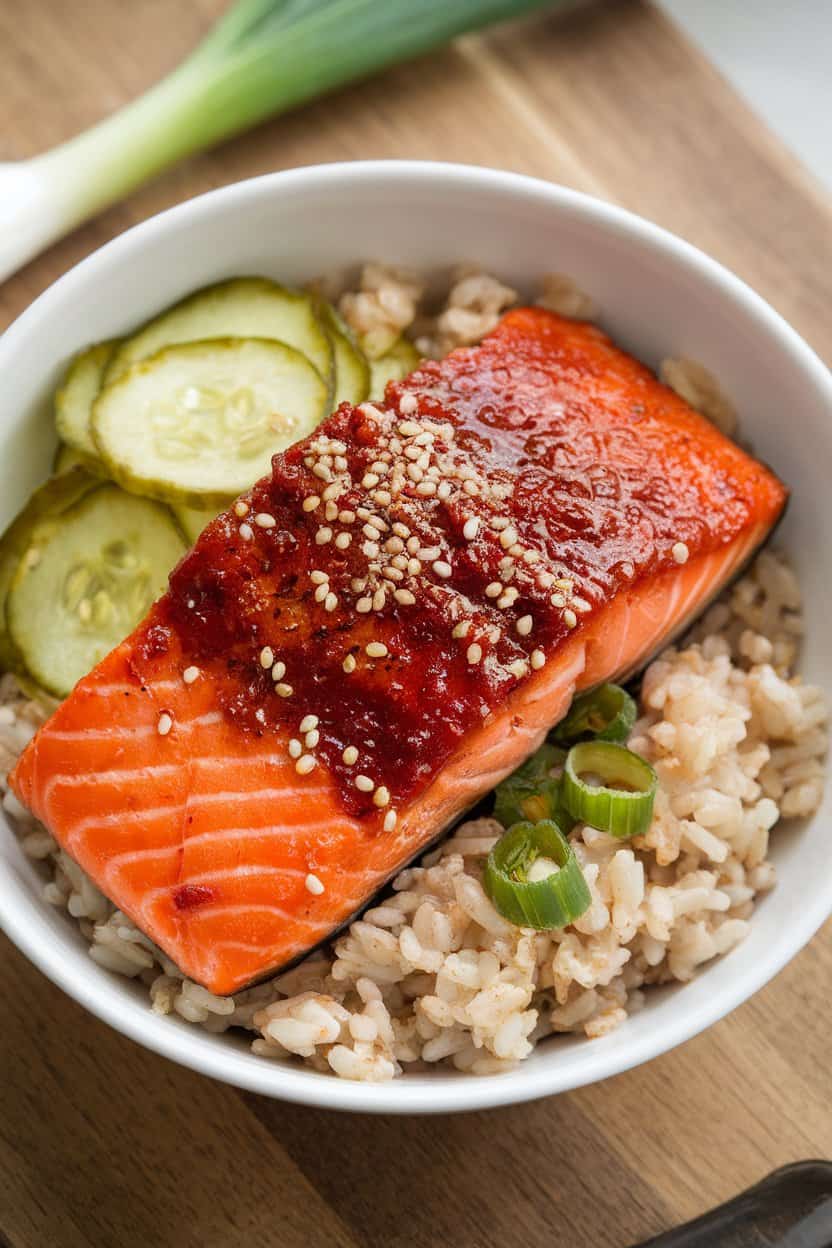 Photo of an indoor bowl with vibrant gochujang-glazed salmon atop brown rice, pickled cucumbers, and sesame seeds. No text or logos.