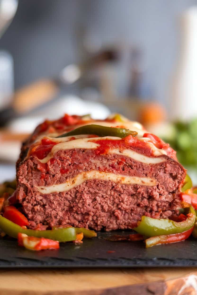 Indoor slice of meatloaf filled with sautéed peppers, onions, and melted provolone, resting on a slate board. No text or logos. Photo only.