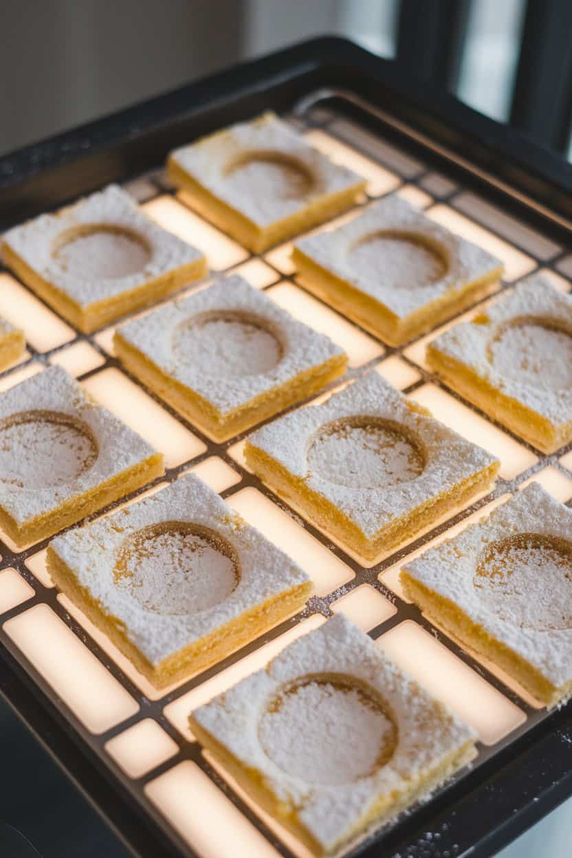 Photo of lemon cookie bars dusted with powdered sugar in a grid pattern resembling light panels, indoors on a black tray. No text or logos visible.