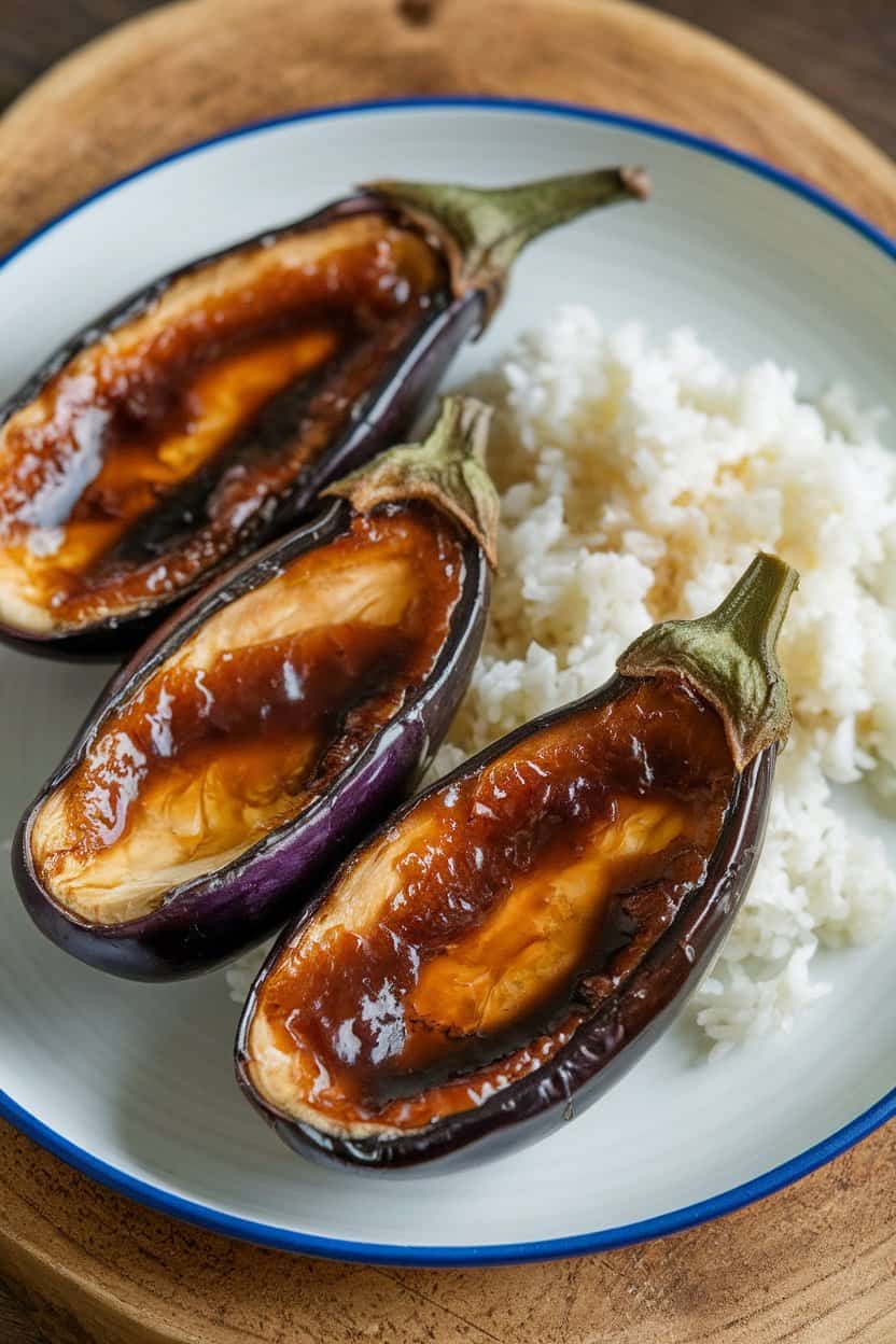 An indoor plate featuring broiled eggplant halves lacquered in caramelized miso glaze, steamed rice on side, no text or logos.