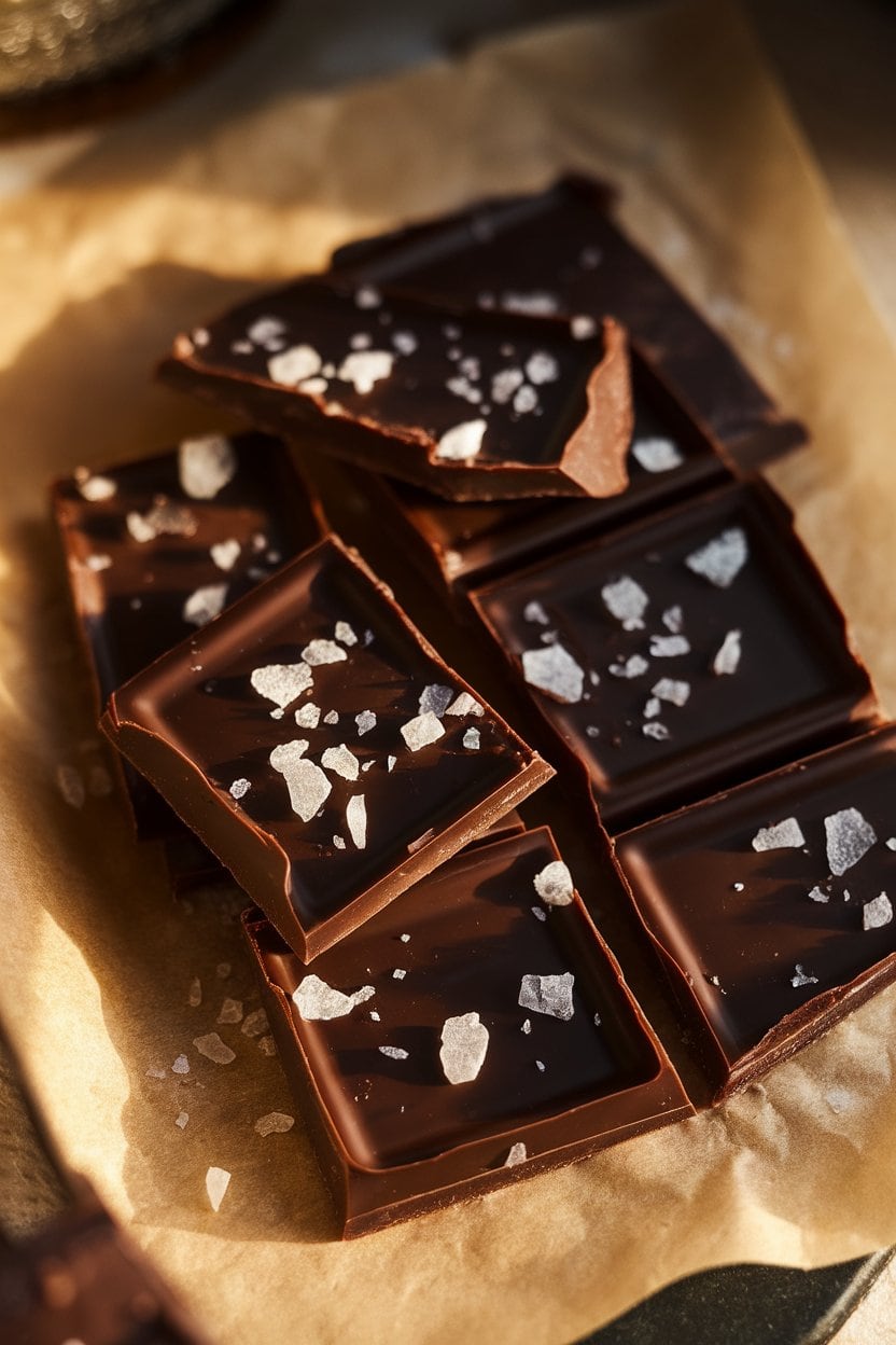 Indoor photo of irregular shards of glossy dark chocolate studded with sea salt flakes on parchment paper; warm focused light, no text or logos.