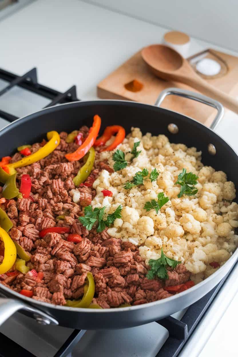 Indoor stovetop scene with a sauté pan of spiced ground turkey, colorful bell peppers, and cauliflower rice flecked with parsley. No logos or text.