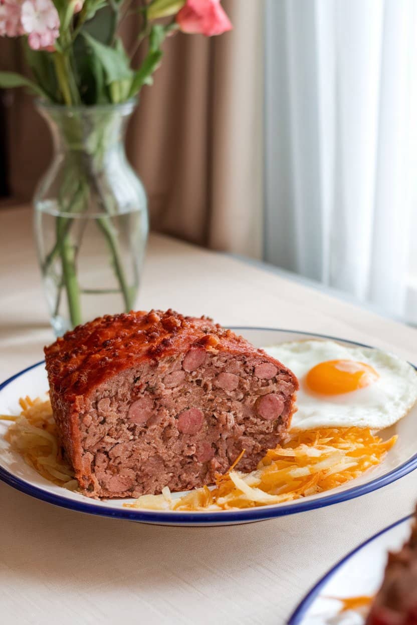 Indoor brunch table with meatloaf slice showing bits of breakfast sausage and shredded hash browns, fried egg on the side. No text or logos. Photo only.