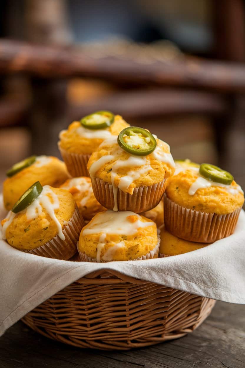 An indoor basket lined with a cloth napkin holding golden cornbread muffins dotted with jalapeño slices and melted cheddar in the tops. No text or logos. Photo only.
