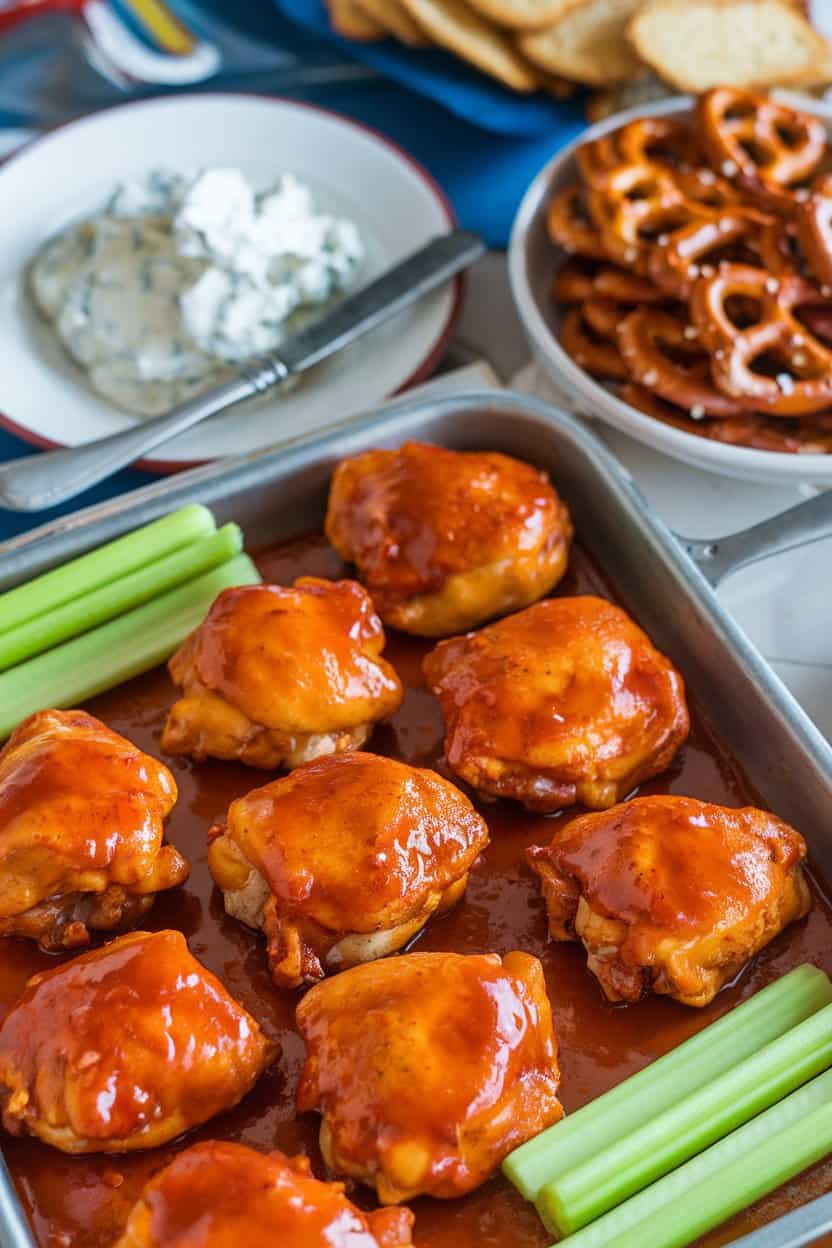 Indoor game-day spread showing a tray of Buffalo-style chicken thighs glazed in hot sauce with celery sticks alongside. No text or logos, actual photo.