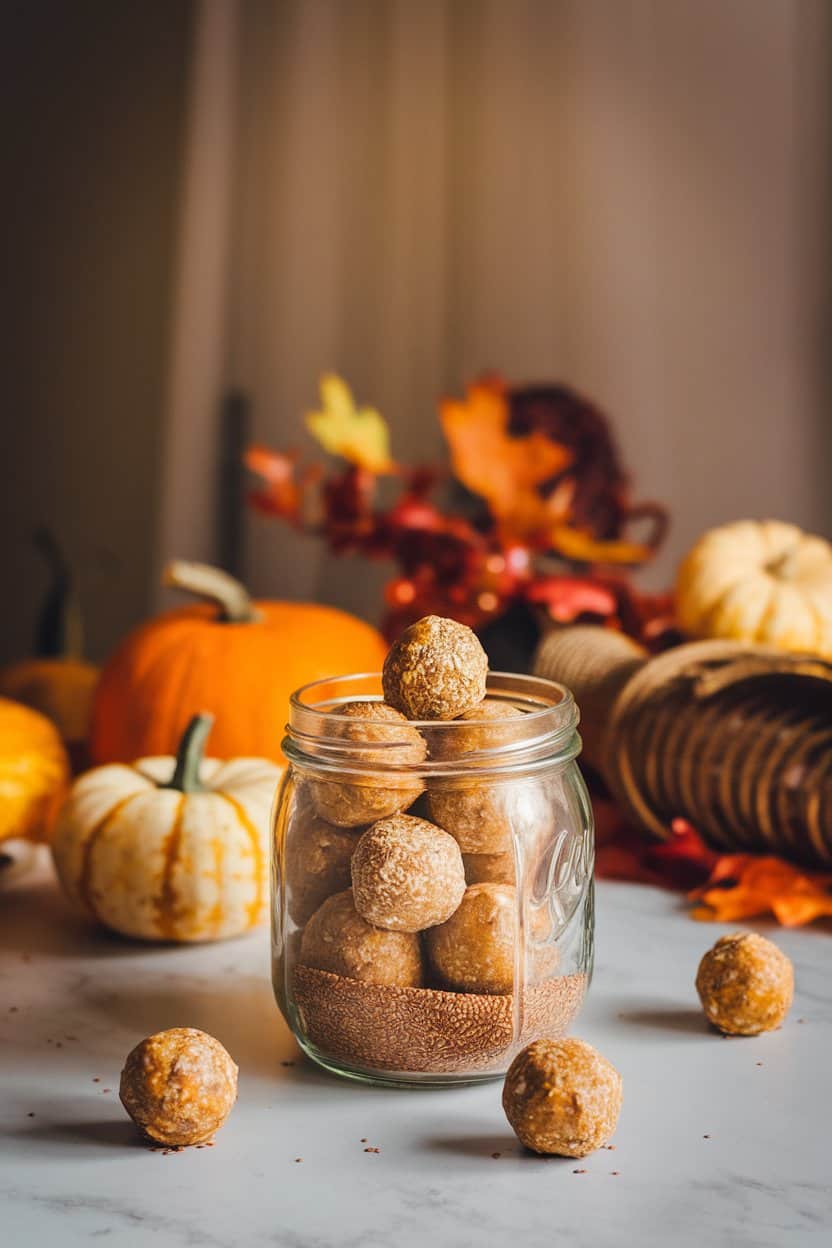 An indoor countertop jar filled with pumpkin spice energy balls rolled in ground flaxseed, autumn decor subtly blurred behind. No text or logos.