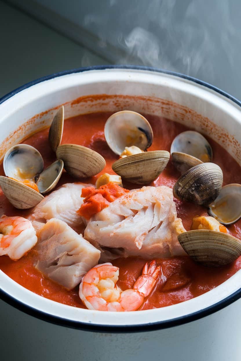 Indoor photo of a tomato-based seafood stew featuring cooked white fish chunks, clams, and shrimp in a shallow enamel bowl, steam visible. No raw fish, no text or logos.