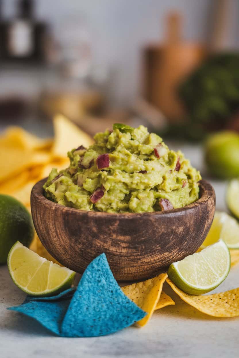 A rustic indoor bowl of chunky guacamole with lime wedges alongside blue and yellow corn chips. Soft lighting, free of any logos or text.