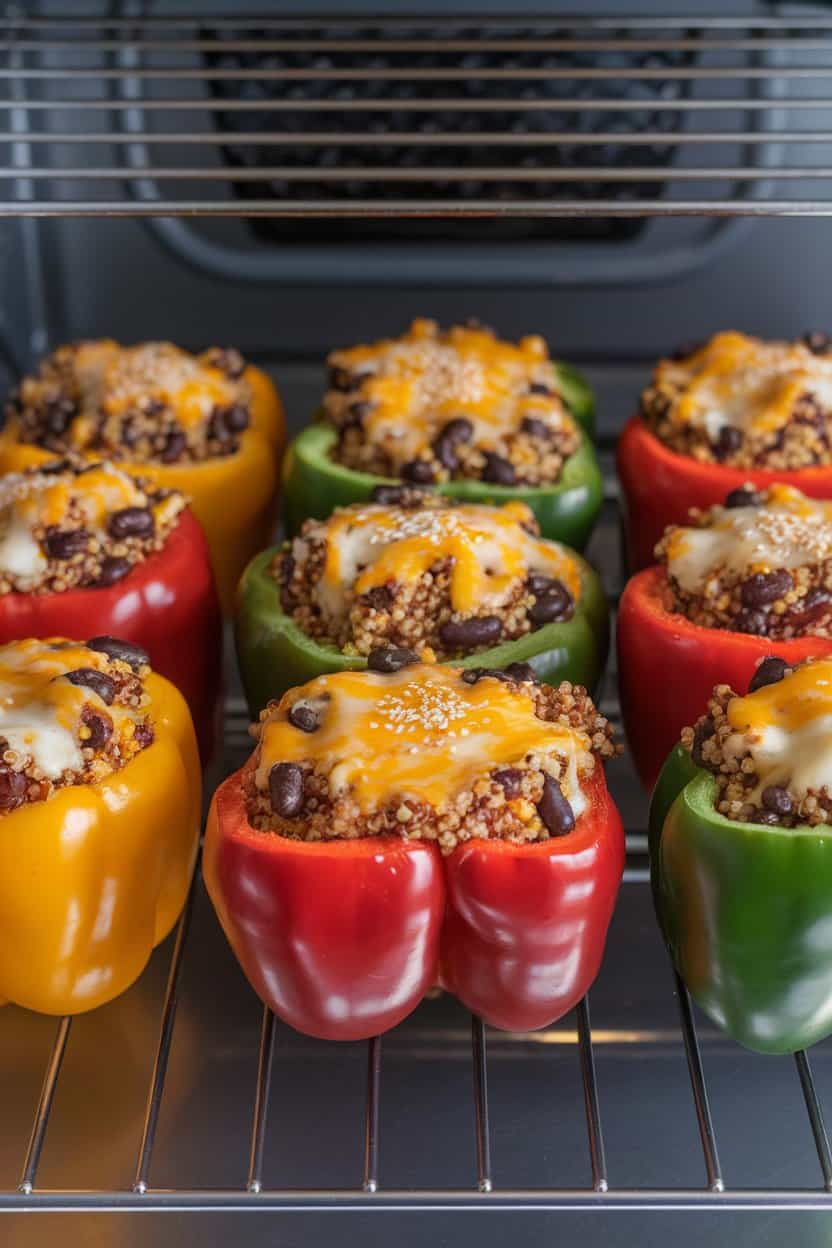 An indoor oven rack view of colorful bell peppers stuffed with quinoa, black beans, corn, and melted cheese on top. Photo, no text or logos.