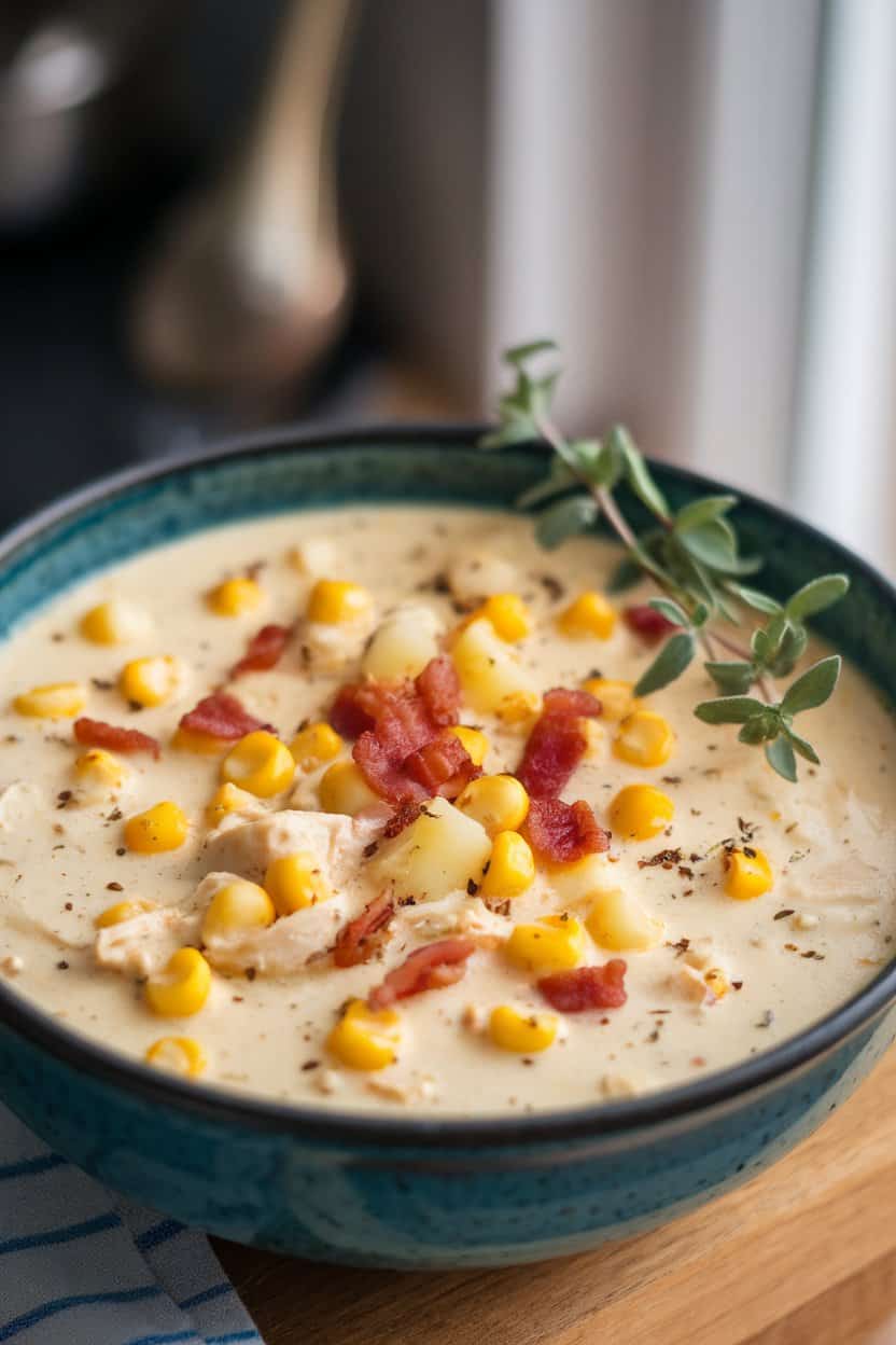 Indoor setting with a creamy bowl of chicken corn chowder dotted with corn kernels, potato chunks, and bacon bits; no text or logos.