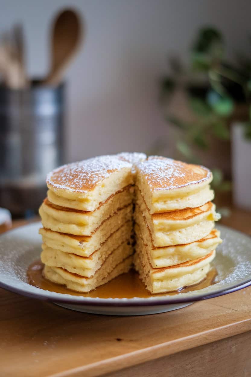 Photo of a stack of fluffy lemon ricotta pancakes on an indoor plate, dusted with powdered sugar and served with maple syrup. No logos or text.