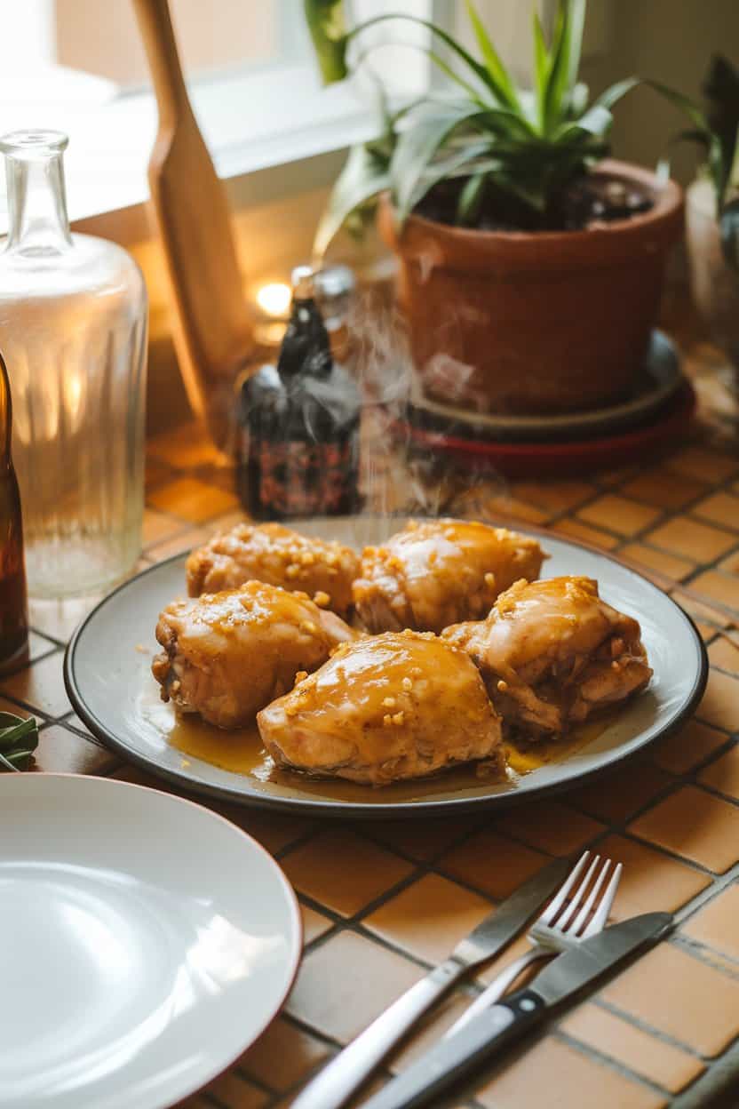 A warmly lit indoor dining table featuring a plate of glazed baked chicken thighs drizzled with golden honey and scattered with minced garlic, steam visible. No text or logos anywhere; clearly a photo, not an illustration.