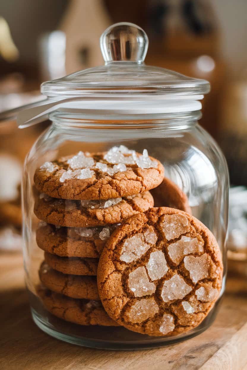 Indoor photo of an open cookie jar with ginger molasses cookies stacked inside, sugar crystals sparkling on the cracked tops. Cozy kitchen lighting, no text or logos.