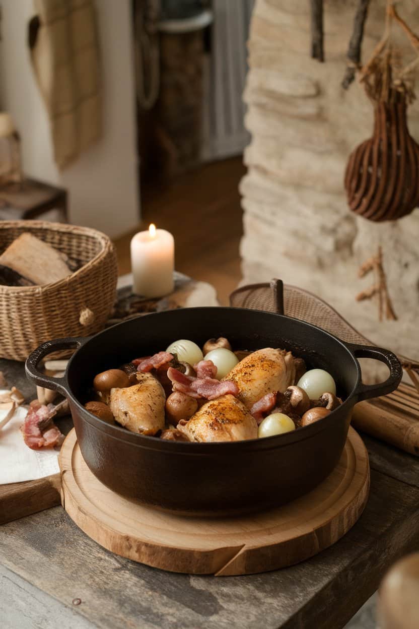 Indoor dining table with a rustic cast-iron pot of red wine–braised chicken, pearl onions, mushrooms, and bacon pieces showing, no text or logos.