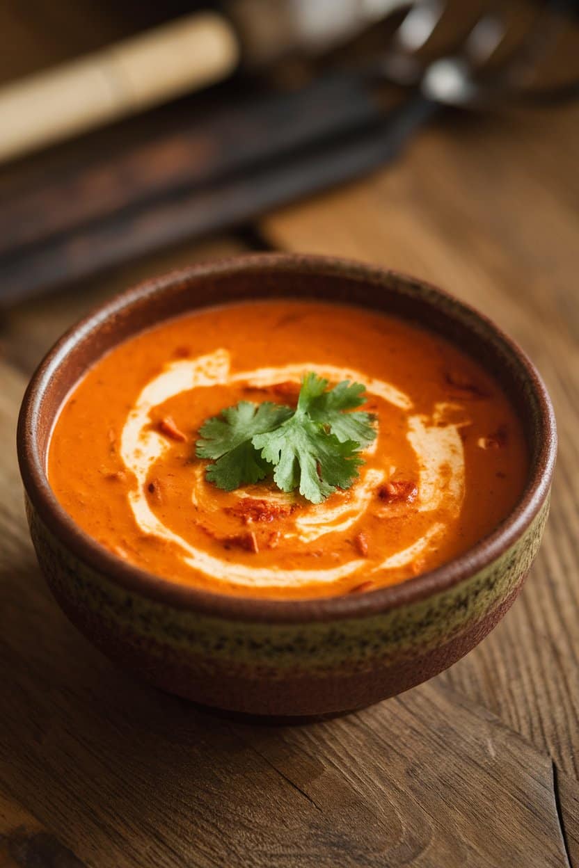 Indoor table featuring a rustic bowl of orange-hued chicken chowder with chipotle swirl and cilantro garnish; no text or logos.