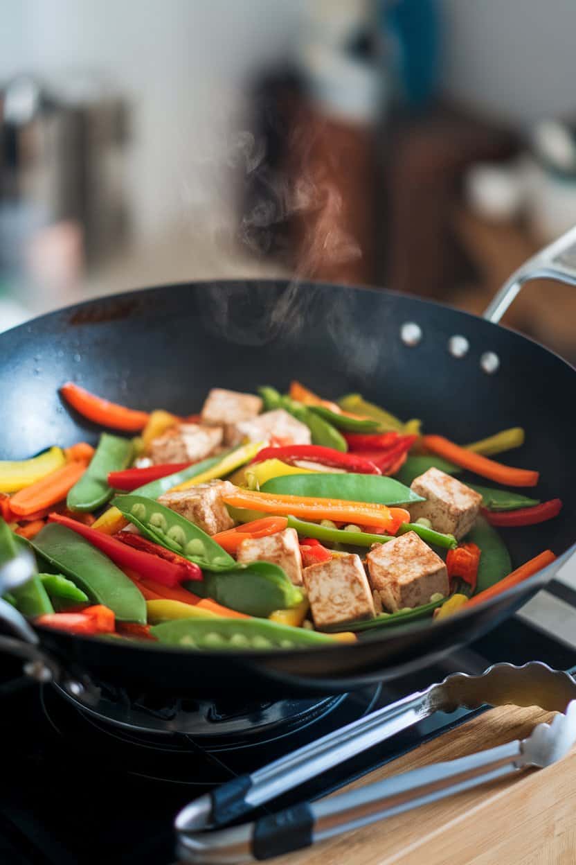 Indoor photo of a wok filled with colorful stir-fried bell peppers, snap peas, carrots, and tofu cubes; gentle steam rising, no text or logos