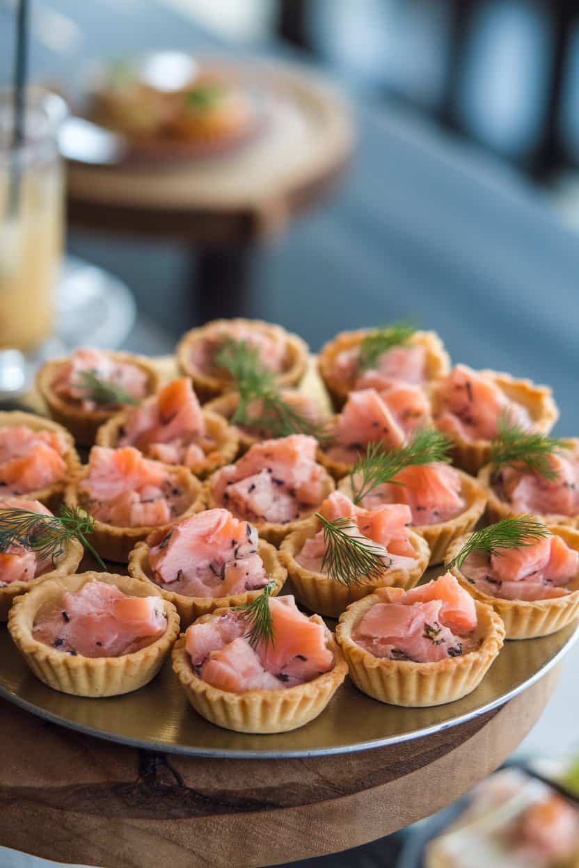 Indoor photo of bite-size quiches on a platter, filled with cooked salmon pieces and fresh dill, pastry shells golden; no text or logos