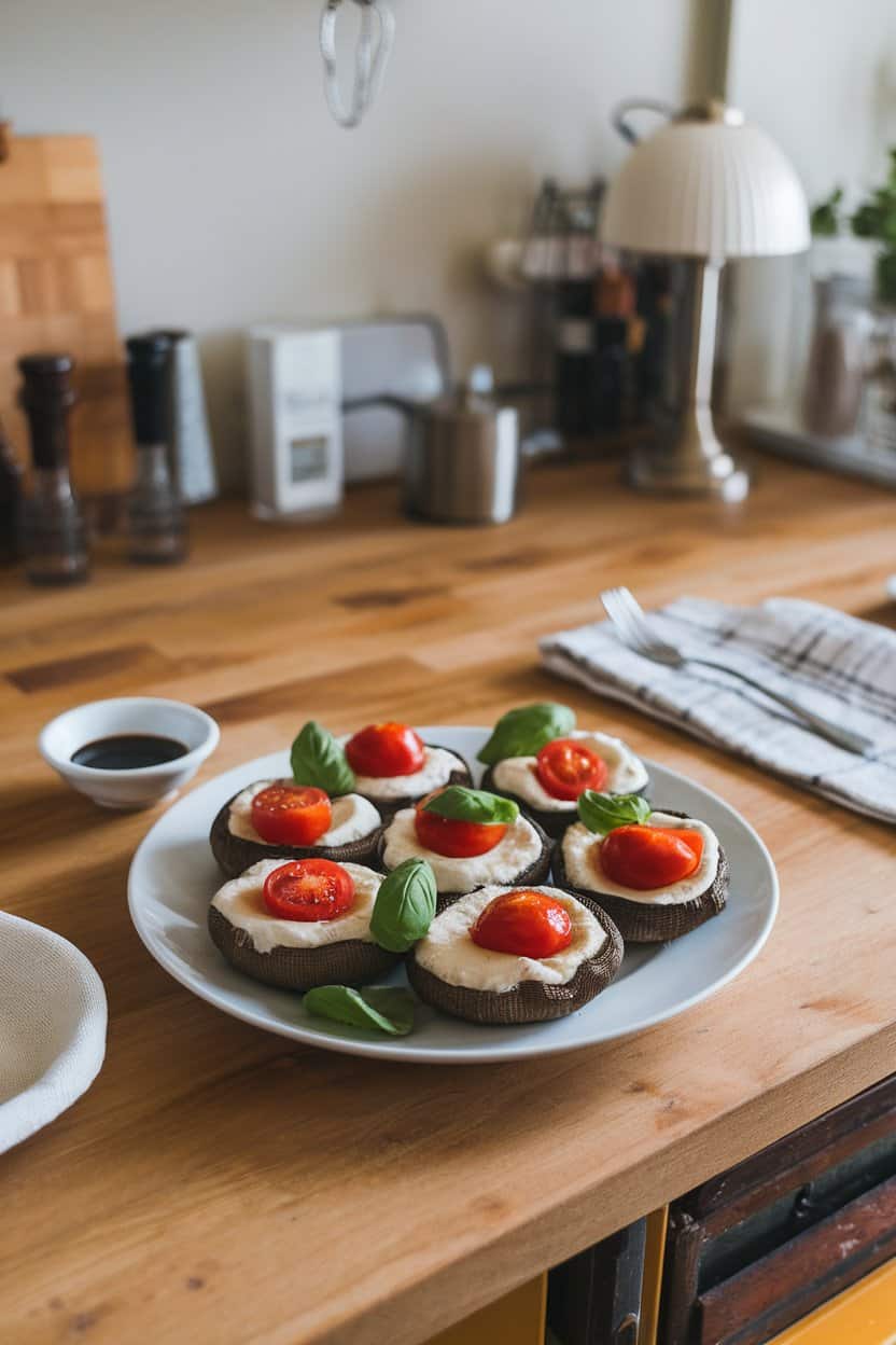 An indoor kitchen table featuring baked portobello caps filled with melted mozzarella, cherry tomato halves, and basil leaves, balsamic drizzle nearby. No logos or text.