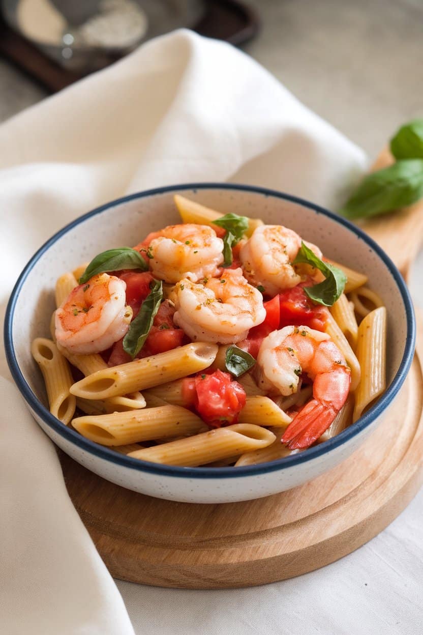 Indoor bowl of penne pasta with diced tomato, basil, and garlic-seared shrimp, lightly sauced. No text or logos present.