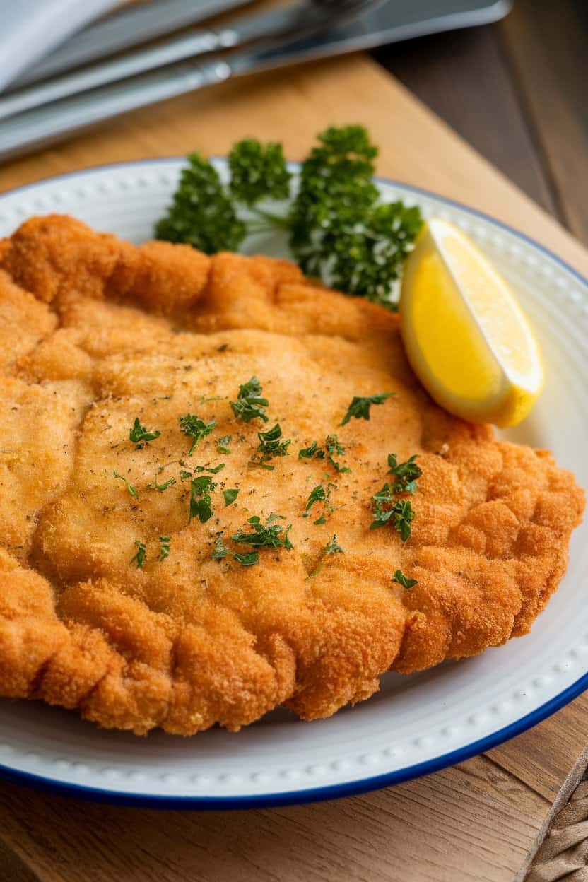 Indoor plate holding a large, thin chicken schnitzel, lemon wedge on the side, parsley sprinkled on top, no text or logos.