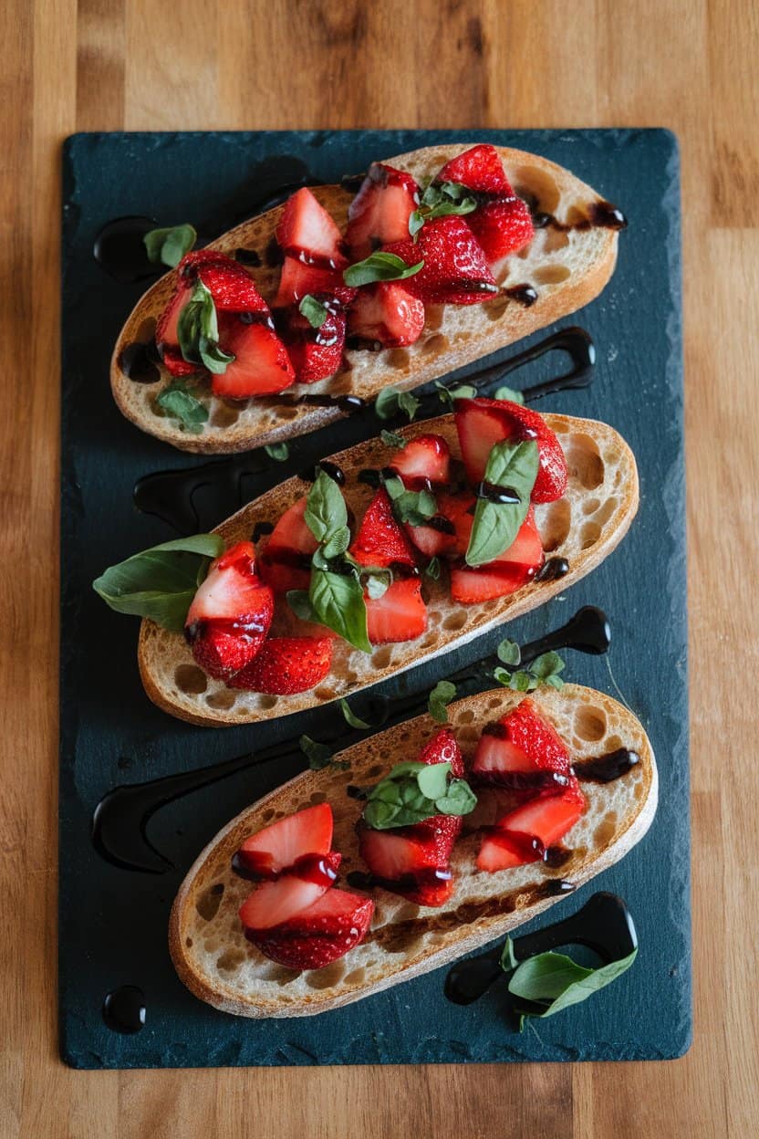 An indoor table scene with toasted baguette slices topped with diced strawberries, basil chiffonade, and a balsamic glaze drizzle, set on a slate board. No text or logos.
