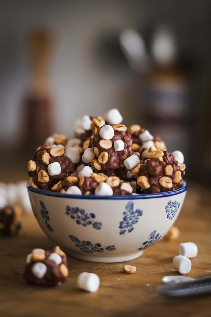 An indoor bowl of chocolate clusters packed with mini marshmallows and peanuts, photographed from above. No text or logos, photo.