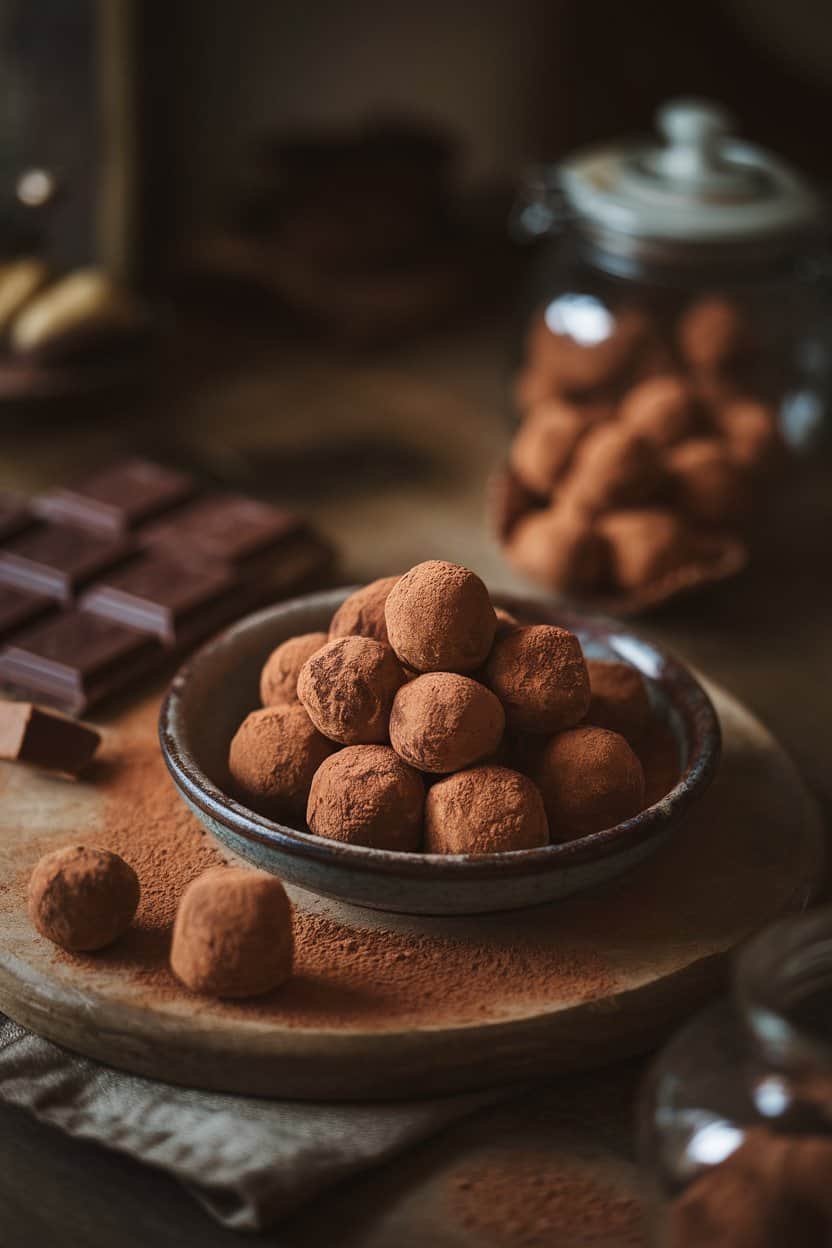 A dimly lit indoor confectionery scene with rustic truffles dusted in cocoa powder on a ceramic plate; no text or logos.