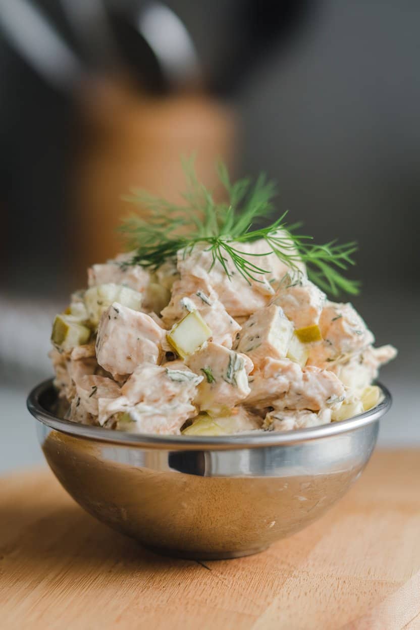 Indoor photo of chicken salad featuring diced dill pickles and fresh dill sprigs, placed in a small metal mixing bowl—no text or logos