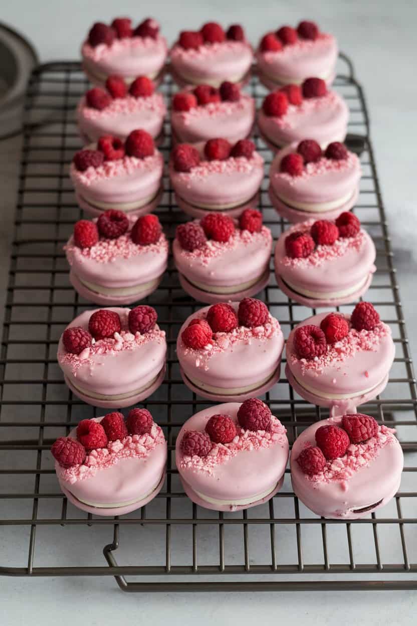 An indoor kitchen rack with Oreos dipped in pastel pink chocolate, half sprinkled with crushed freeze-dried raspberries. No text or logos.
