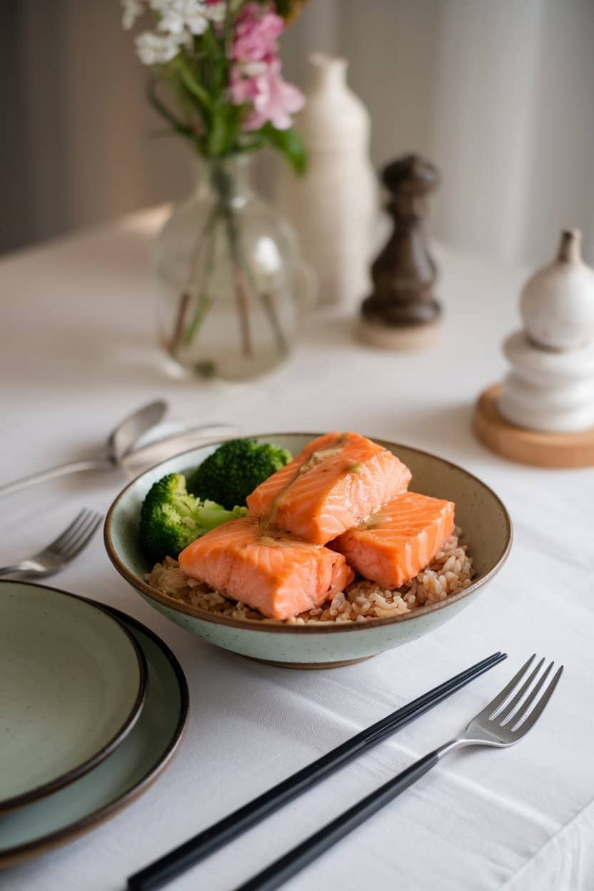 An indoor dining table holding a bowl of cooked salmon chunks glazed with miso-ginger sauce, resting on brown rice with steamed broccoli. No logos or text.