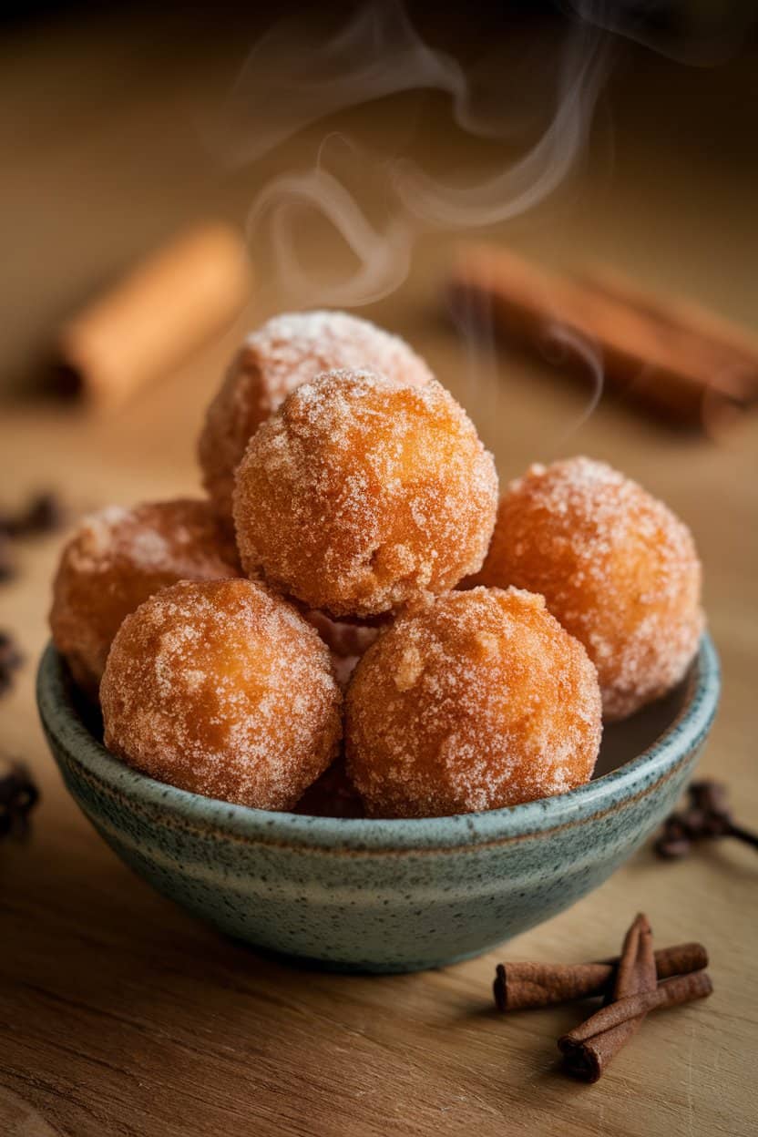 A small indoor bowl piled high with cinnamon-sugar coated apple cider doughnut holes, slight steam visible. No text or logos, photo.