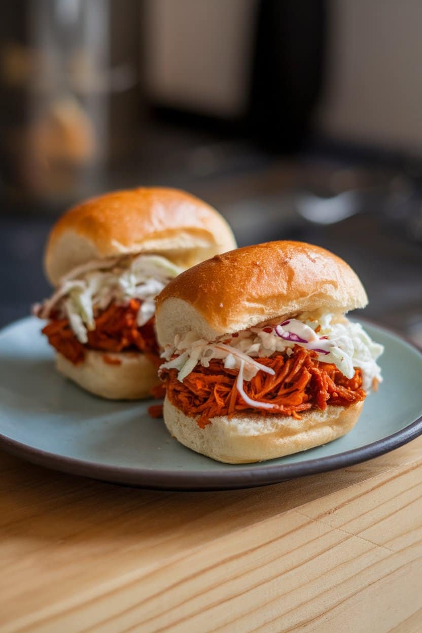 Photo indoors of a small plate holding two mini slider buns stuffed with shredded BBQ jackfruit and topped with vegan coleslaw. No text or logos on items.