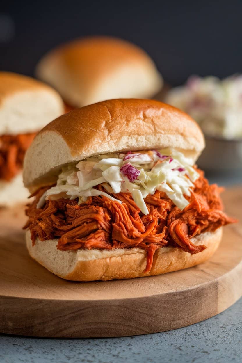 A brioche bun filled with saucy pulled jackfruit, topped with coleslaw, photographed indoors on a wooden board. No logos or text. Photo only.