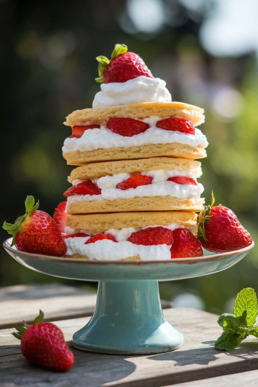 Indoor photo of split shortcake biscuits filled with macerated strawberries and coconut whipped cream, stacked on a cake stand. Natural afternoon light, no text or logos.