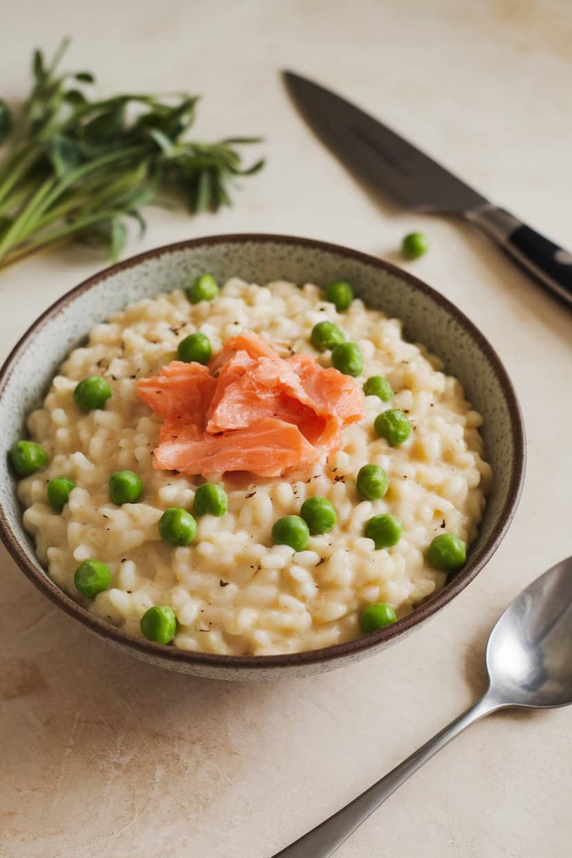 Photo of a creamy indoor bowl of risotto studded with green peas and flakes of salmon, a spoon resting nearby. No text or logos.