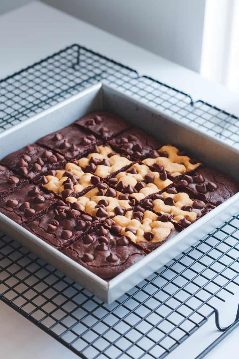 A baking pan of half brownie, half chocolate chip cookie squares cut into portions on an indoor cooling rack. No text or logos, photo.