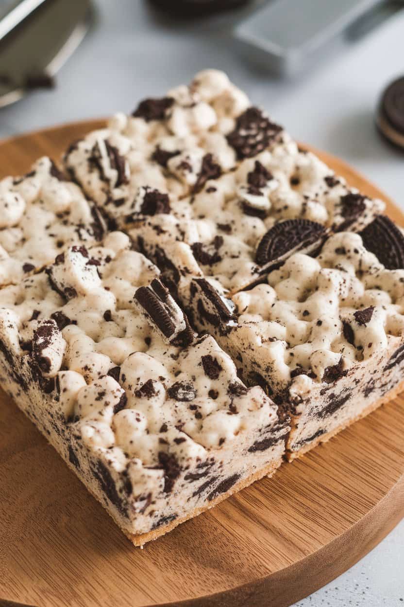 Indoor square pan of cookies-and-cream crispy treats cut into bars, visible Oreo chunks throughout, no logos.