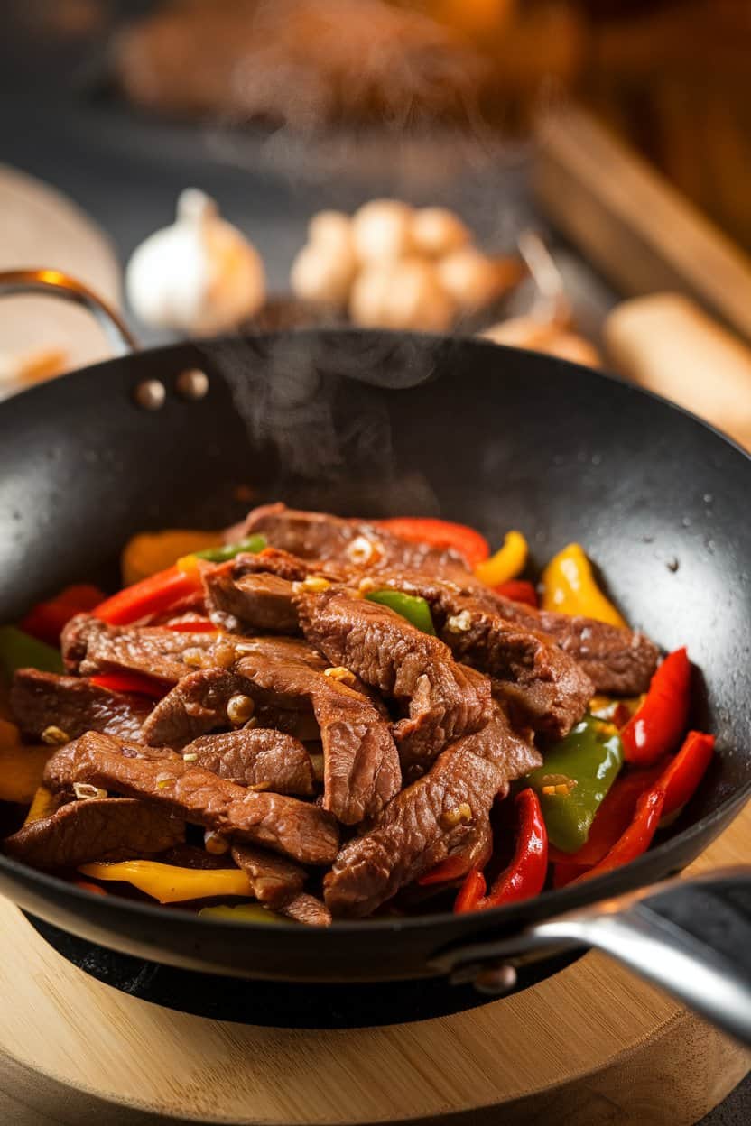 Indoor photo of a wok filled with strips of cooked beef, bell peppers, and Szechuan peppercorn sauce, steam visible, no text or logos