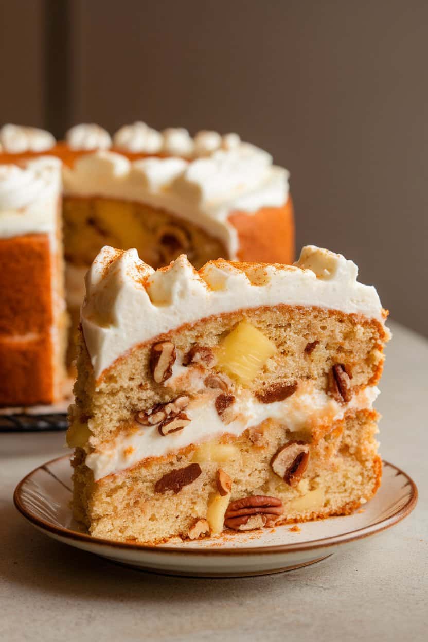 A slice of hummingbird cake studded with pineapple and pecans, topped with cream-cheese frosting and a sprinkle of Cajun spice, photographed indoors on a small dessert plate. No text or logos.