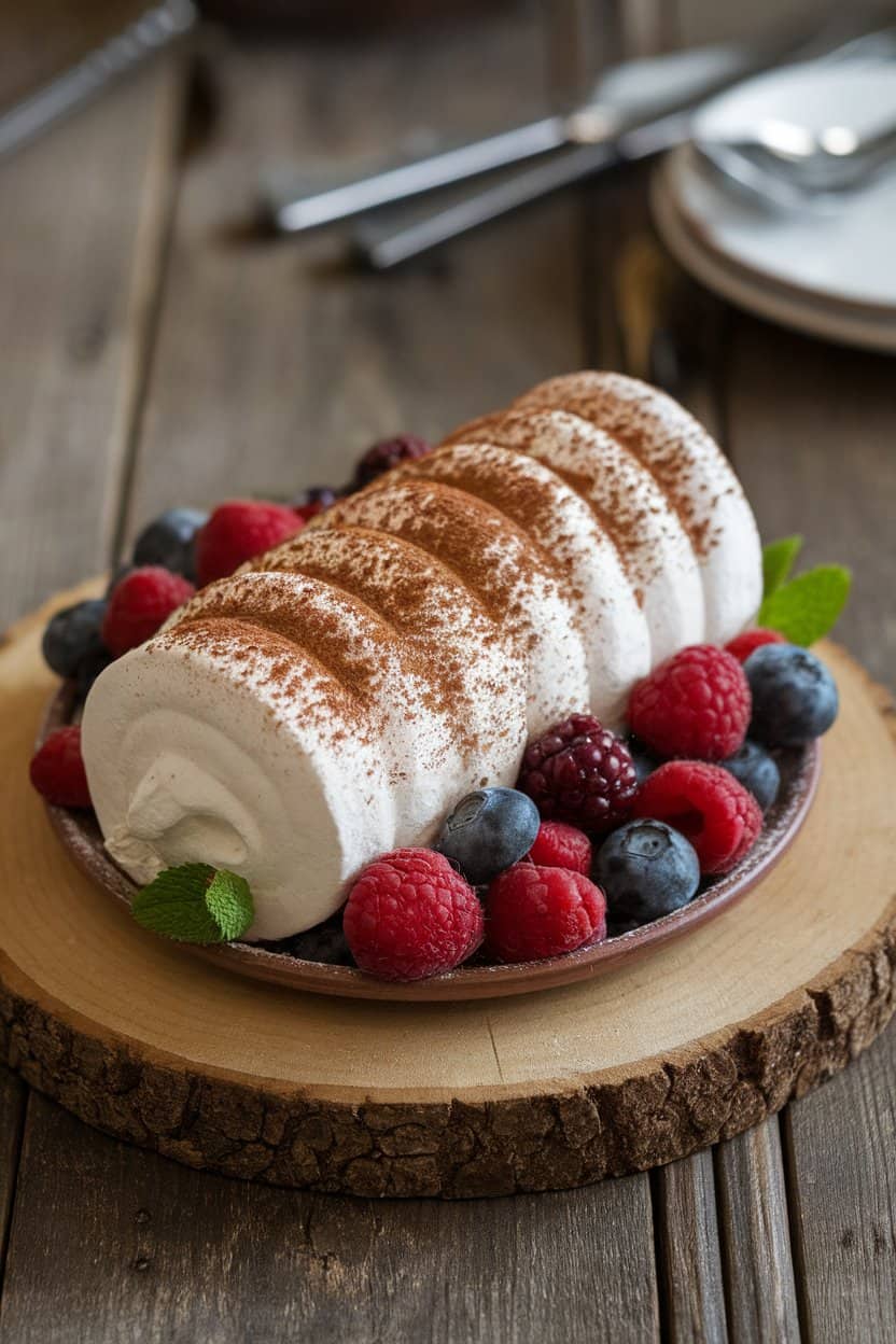 An indoor dessert platter holding a rolled meringue log filled with coffee-flavored whipped cream, dusted lightly with cocoa powder. No text or logos. Photo only.